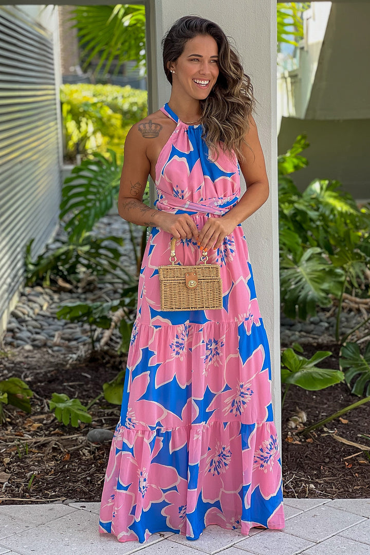 slim fit dress slacks Blue And Pink Printed Maxi Dress With Criss Cross Back