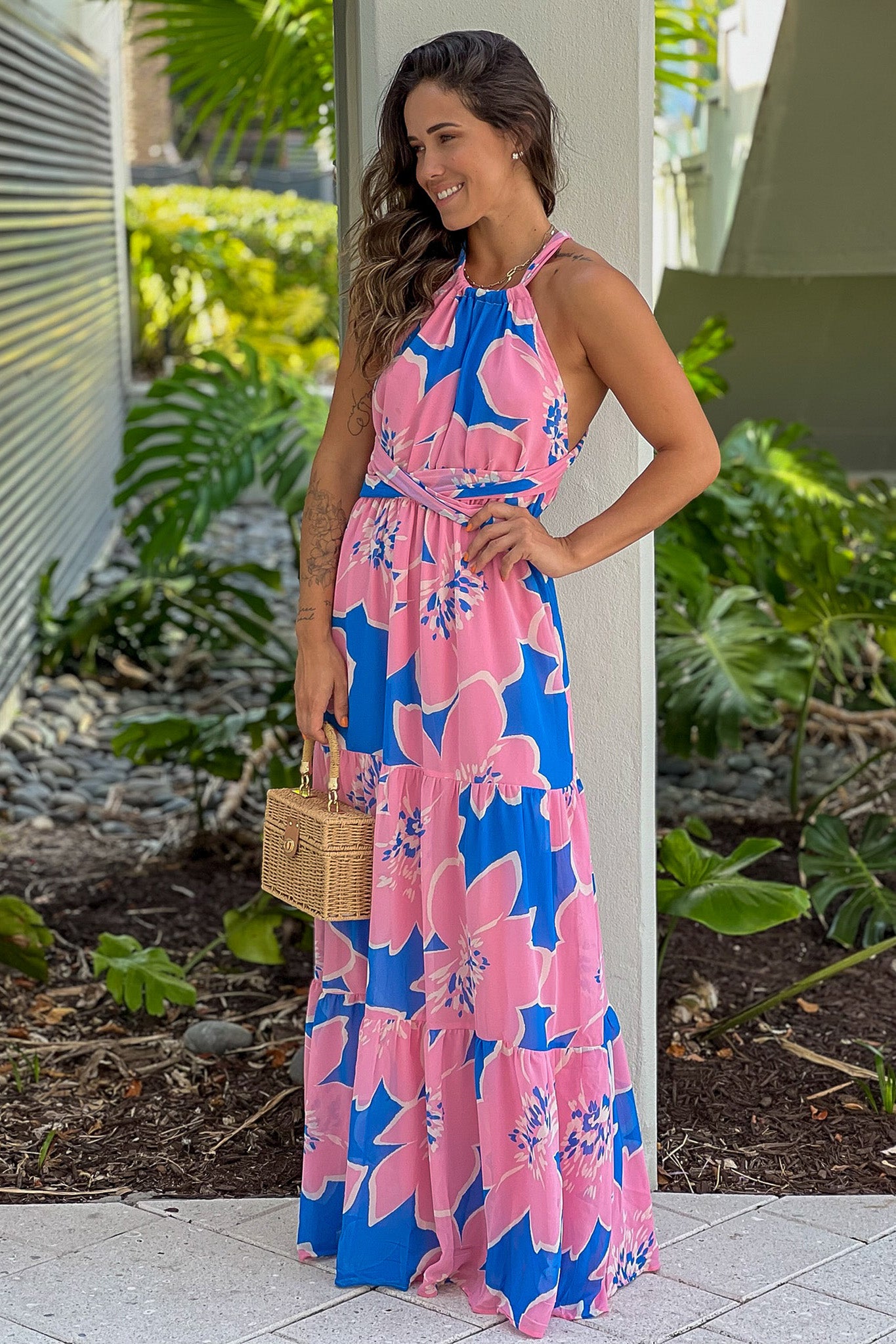 blue and pink printed maxi dress