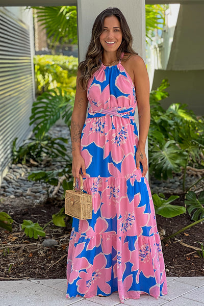 blue and pink printed summer maxi dress