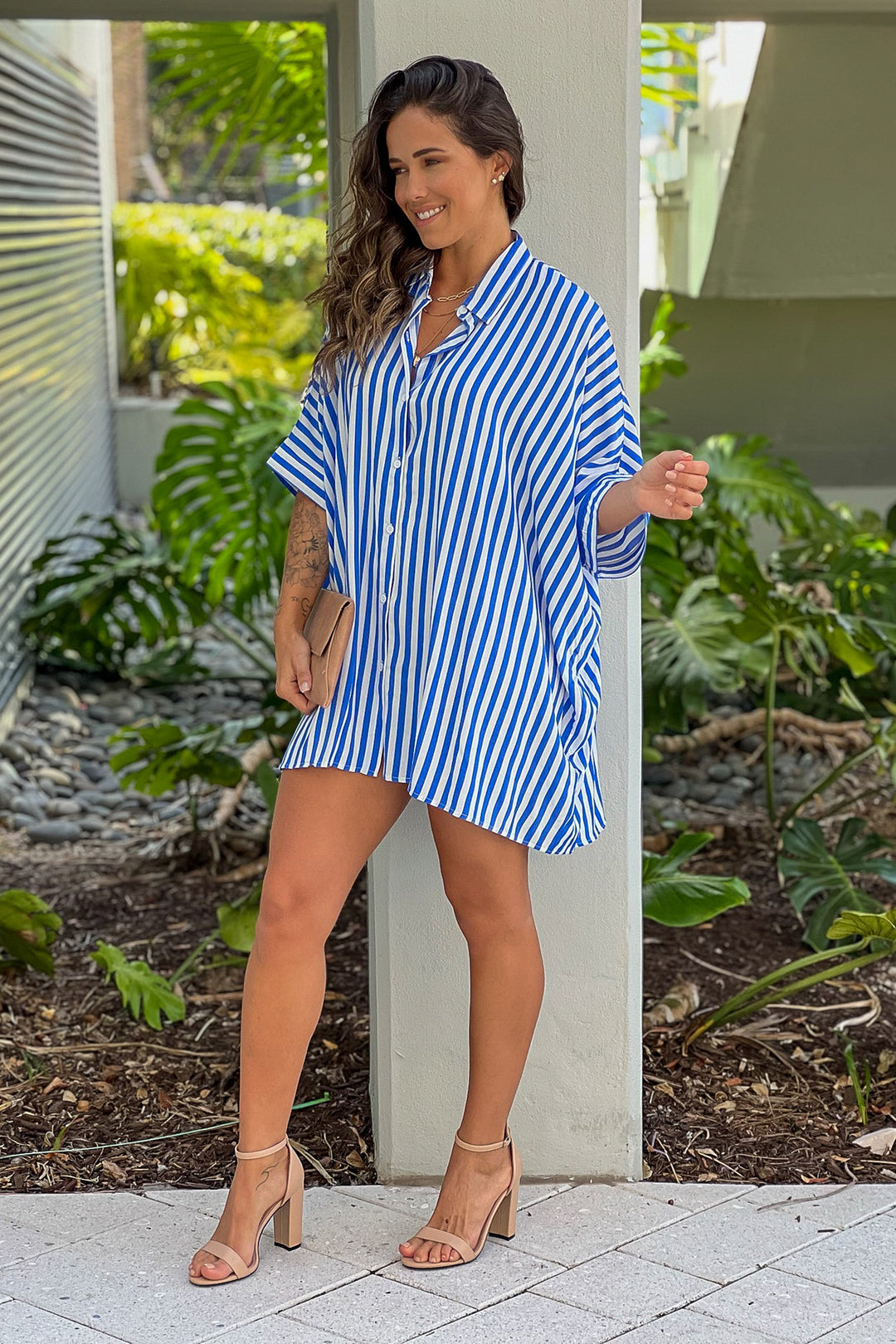 blue button up dress Blue Cotton Poplin Fit and Flare Short Button-Down Shirt Dress 36" / Tall (5'7" and above)
