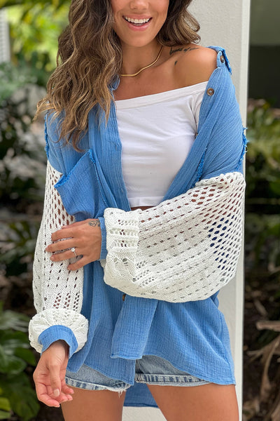 blue cute top with crochet sleeves