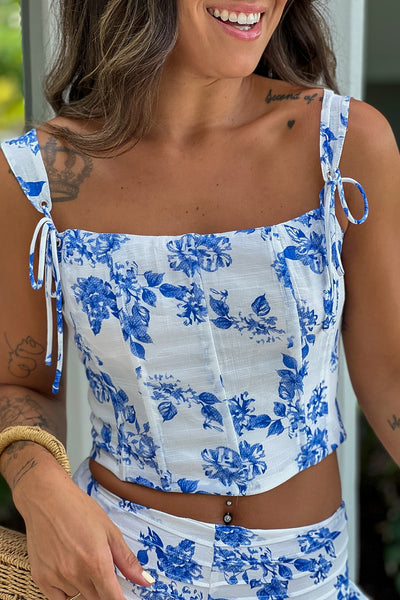 blue floral corset top