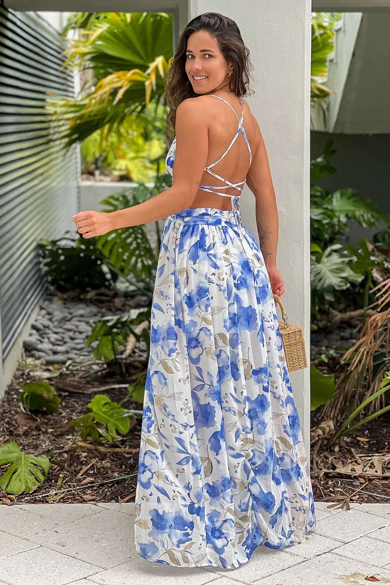 blue floral maxi dress with criss cross back