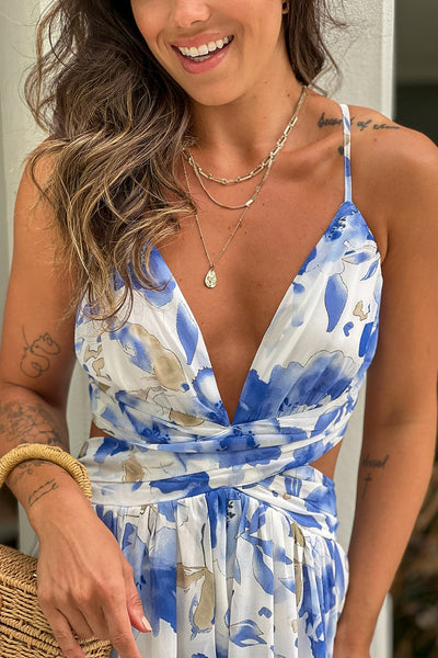 blue floral maxi dress with cut outs