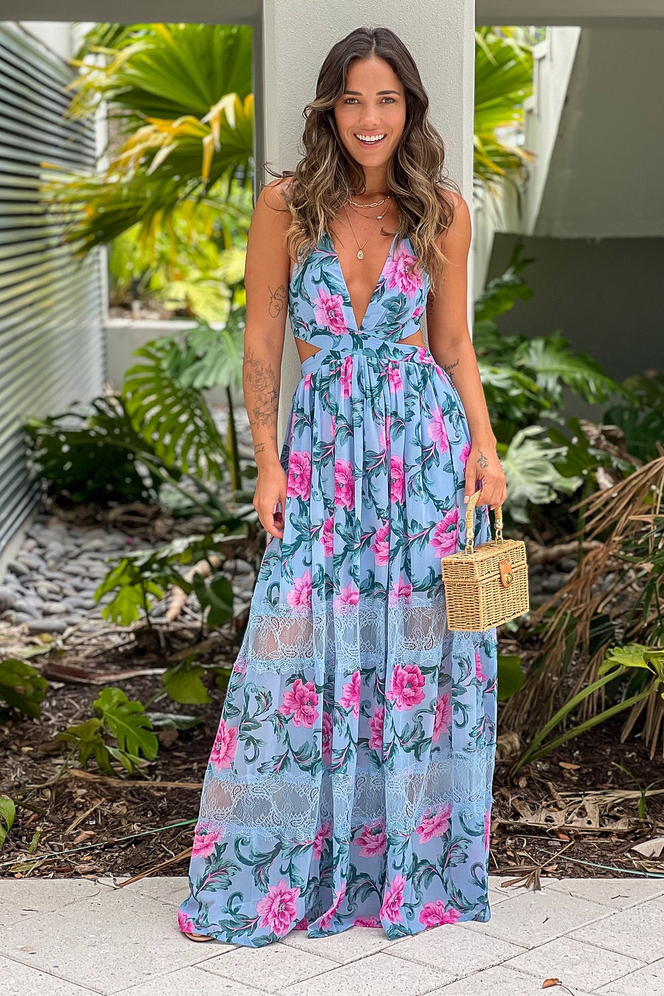 blue floral maxi dress with lace detail