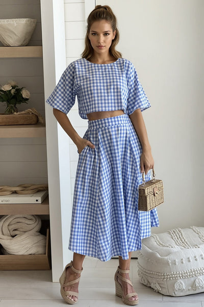 blue gingham top and skirt set