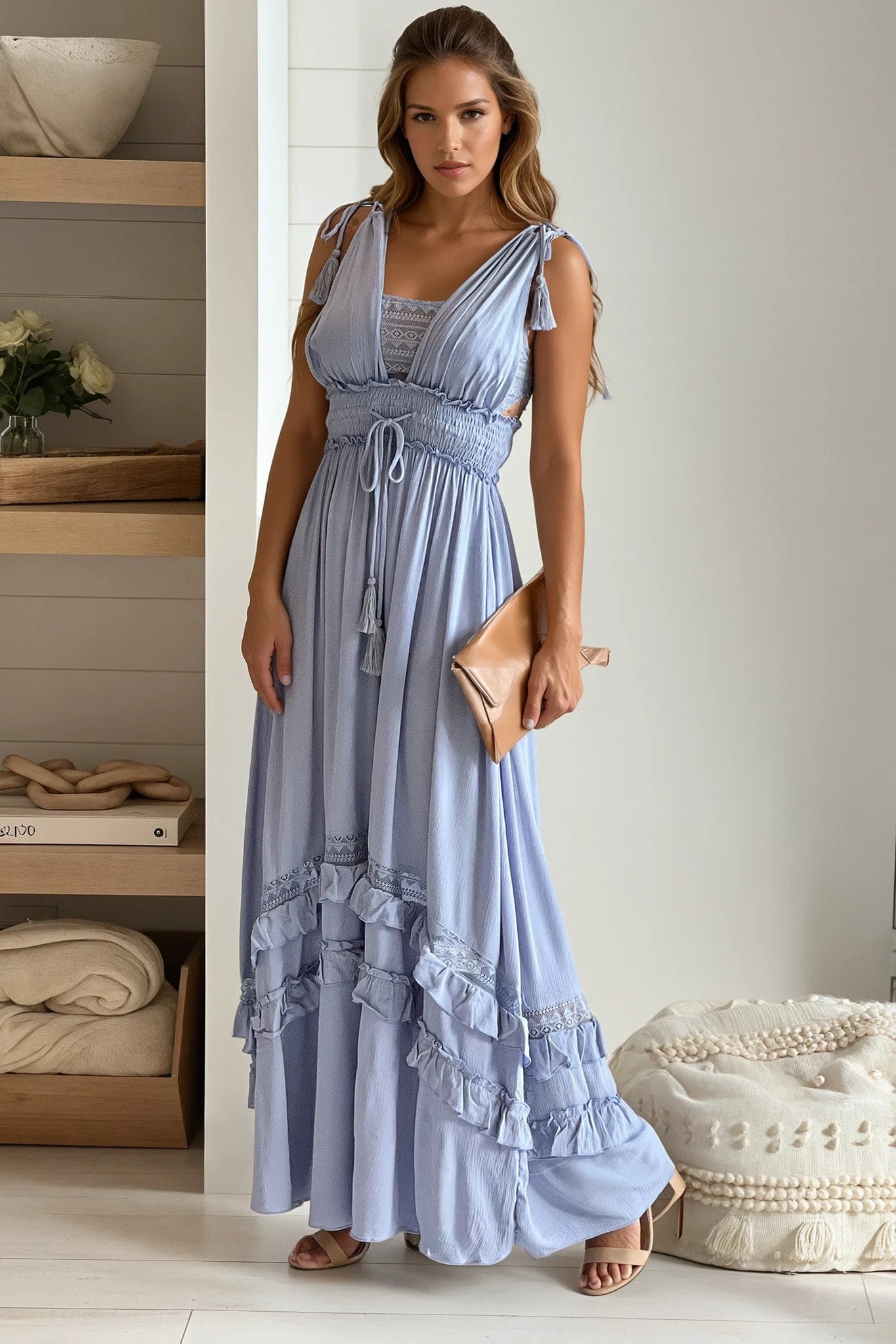blue maxi dress with lace detail