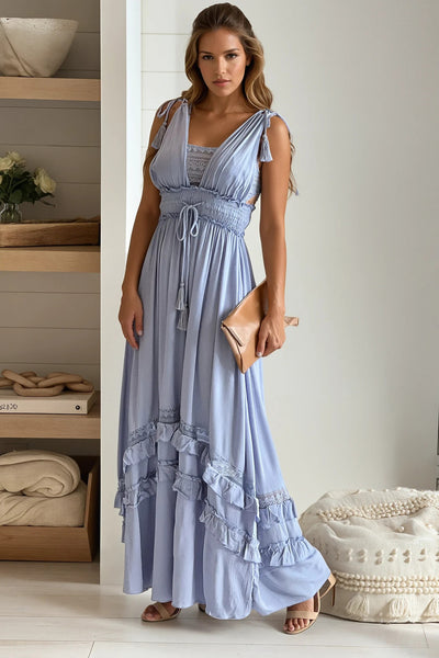 blue maxi dress with lace detail