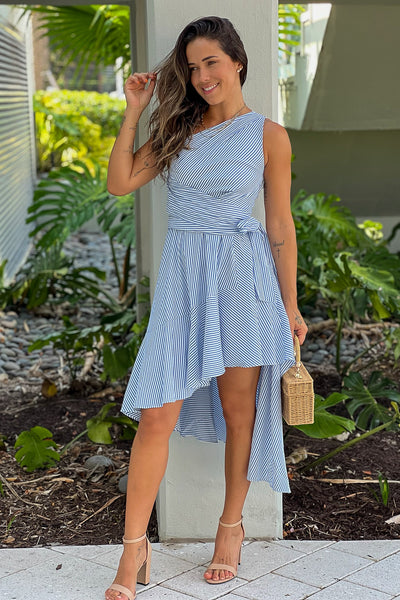 blue one shoulder dress