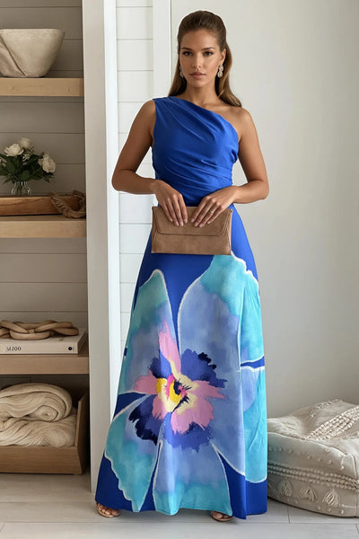 blue one shoulder printed maxi dress
