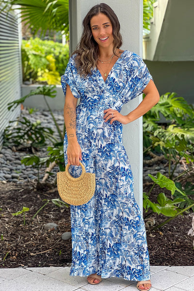 blue pleated v-neck jumpsuit