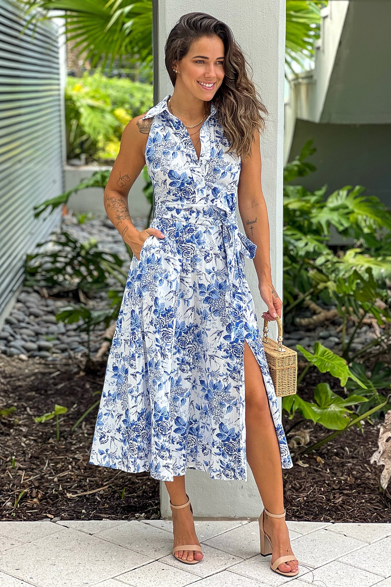 blue printed button down dress with slit