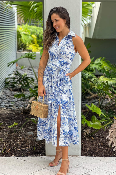 blue printed button down dress