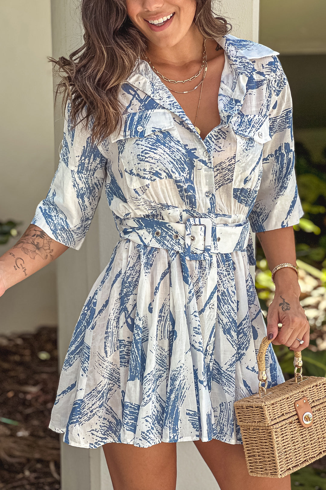 Blue Printed Button Down Shirt Dress With Belt Cute Dresses Saved by the Dress