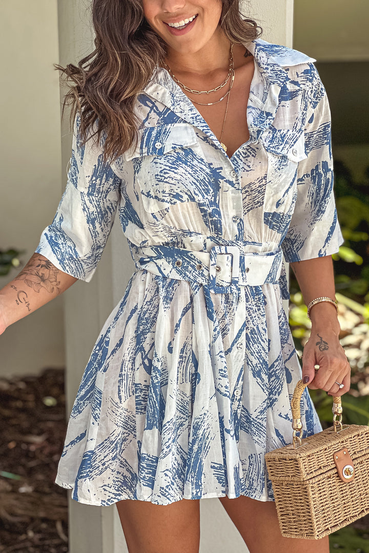 Blue Printed Button Down Shirt Dress With Belt