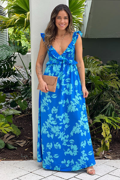 blue printed casual maxi dress