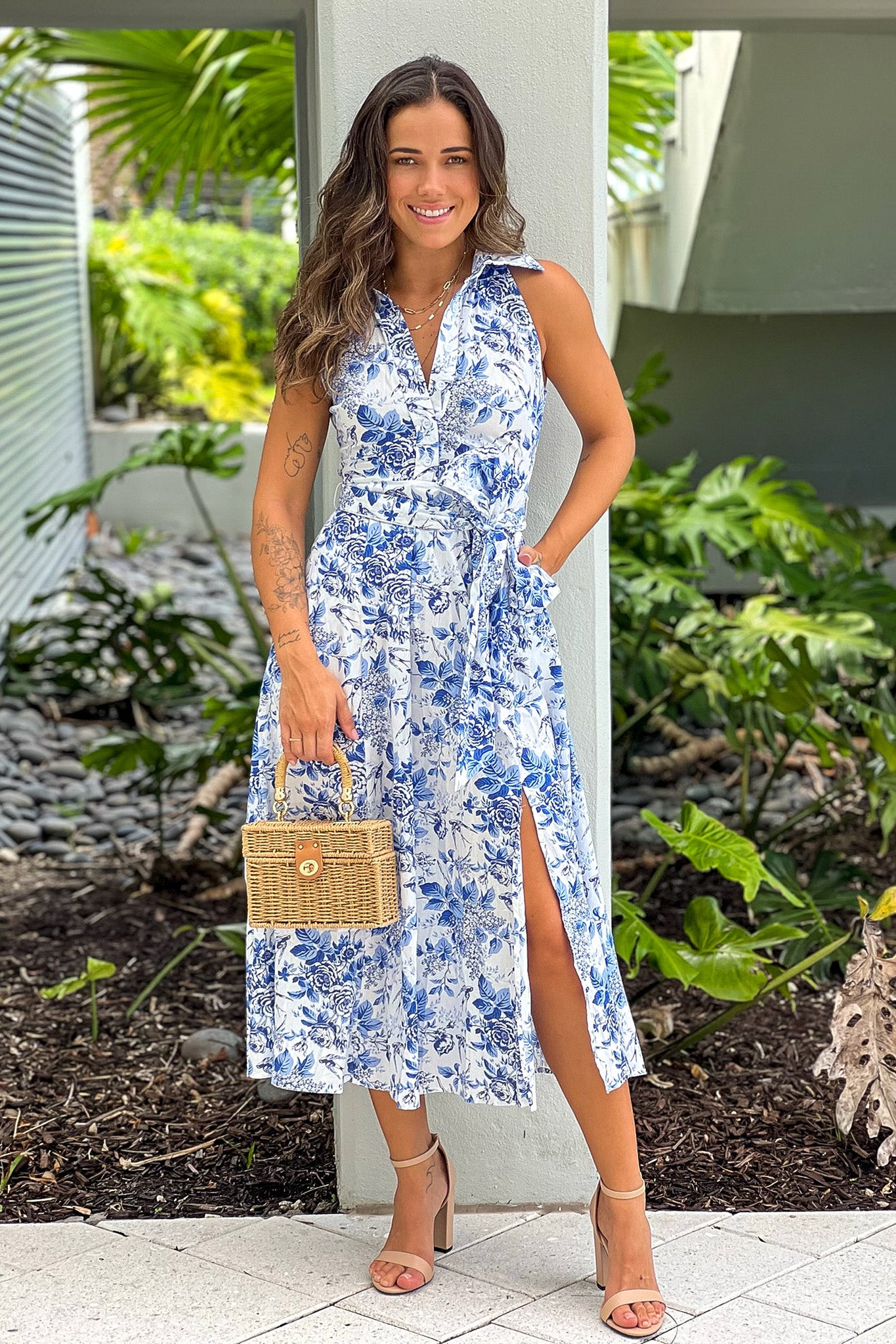 blue printed dress with pockets