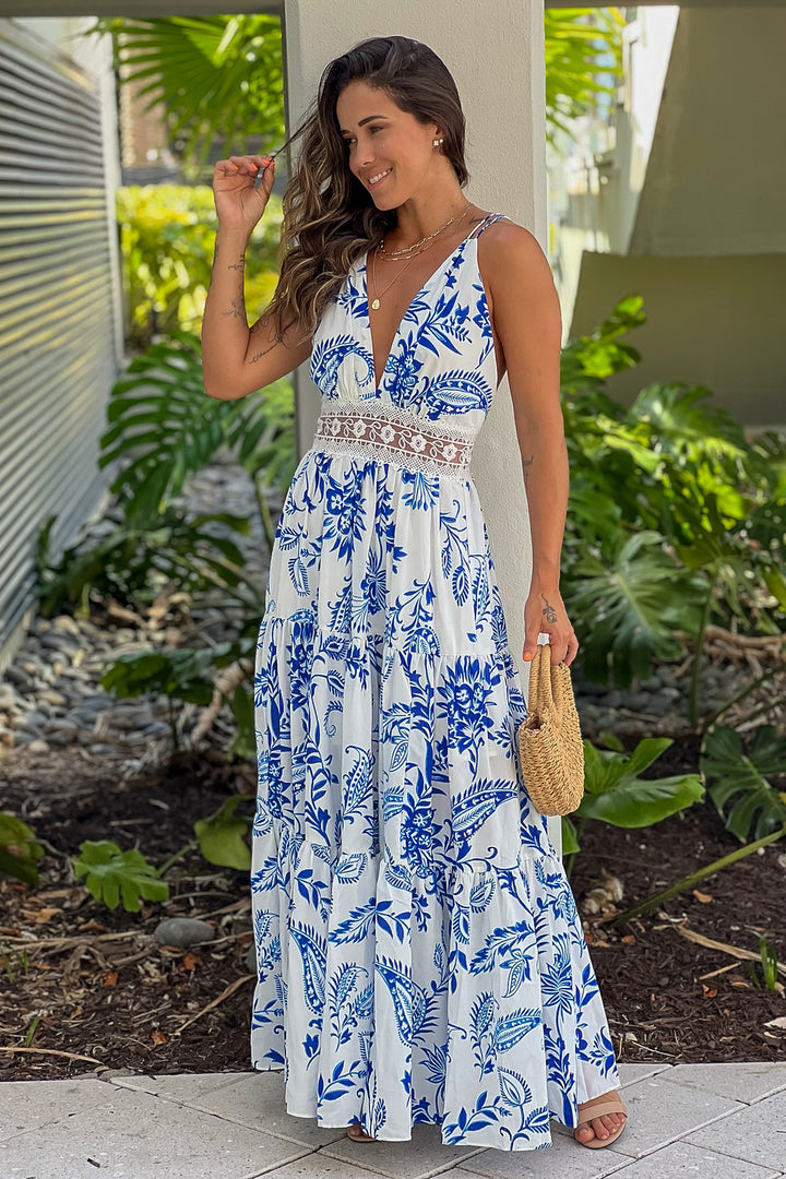 fitted lace wedding dress Blue Printed Maxi Dress With Lace Detail