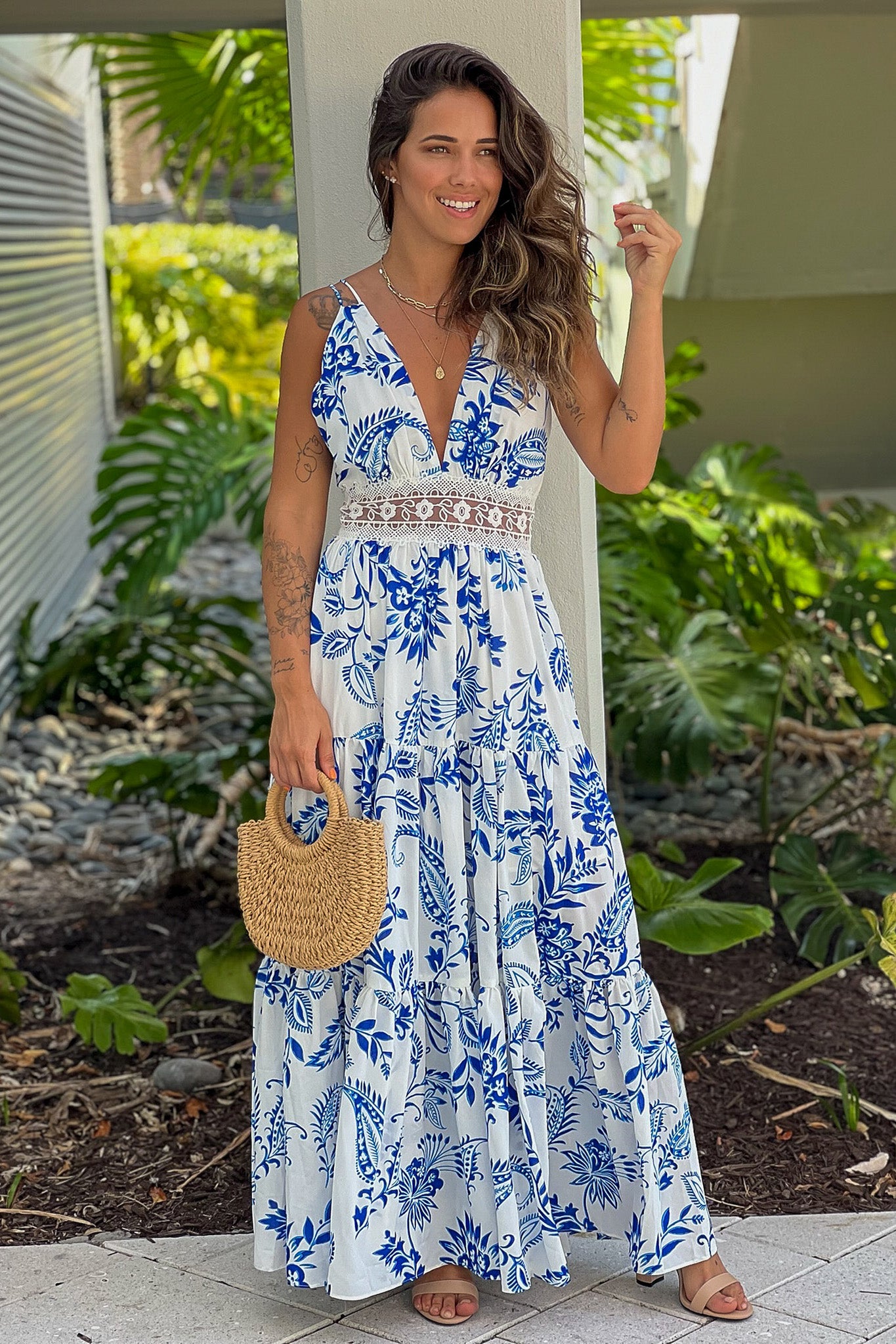 Blue Printed Maxi Dress With Lace Detail | Maxi Dresses Saved by the Dress Blue Printed Maxi Dress With Lace Detail | Maxi Dresses Saved by the Dress