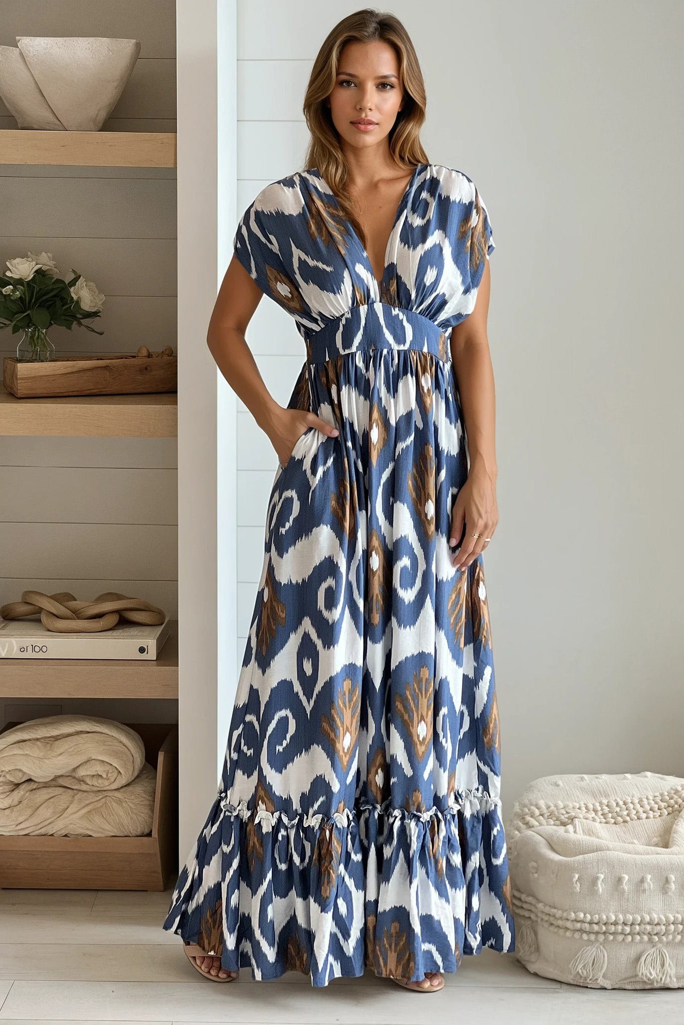 blue printed v-neck maxi dress with pockets