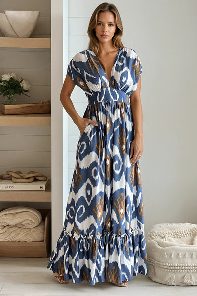 blue printed v-neck maxi dress with pockets