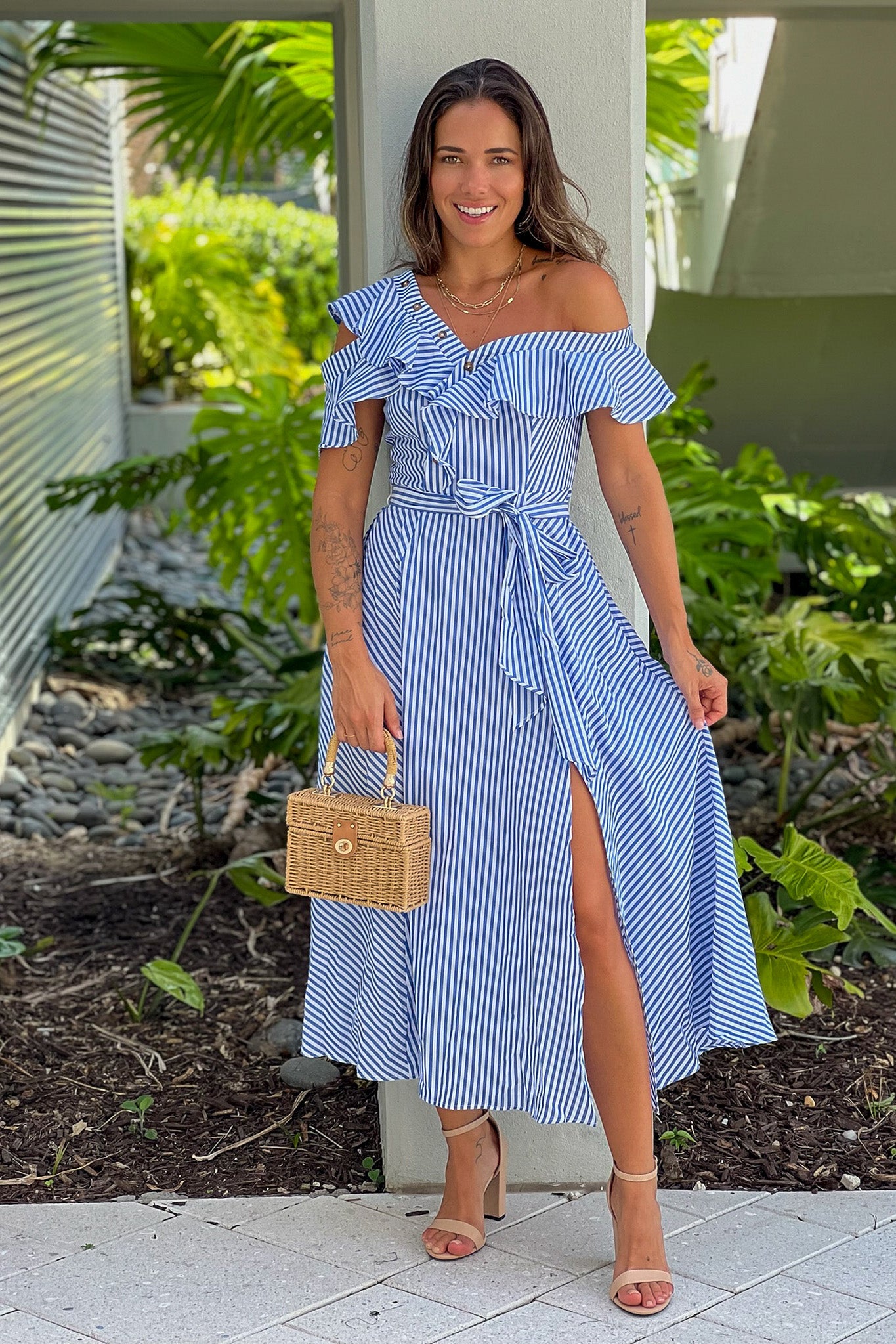 blue ruffled midi dress with slit