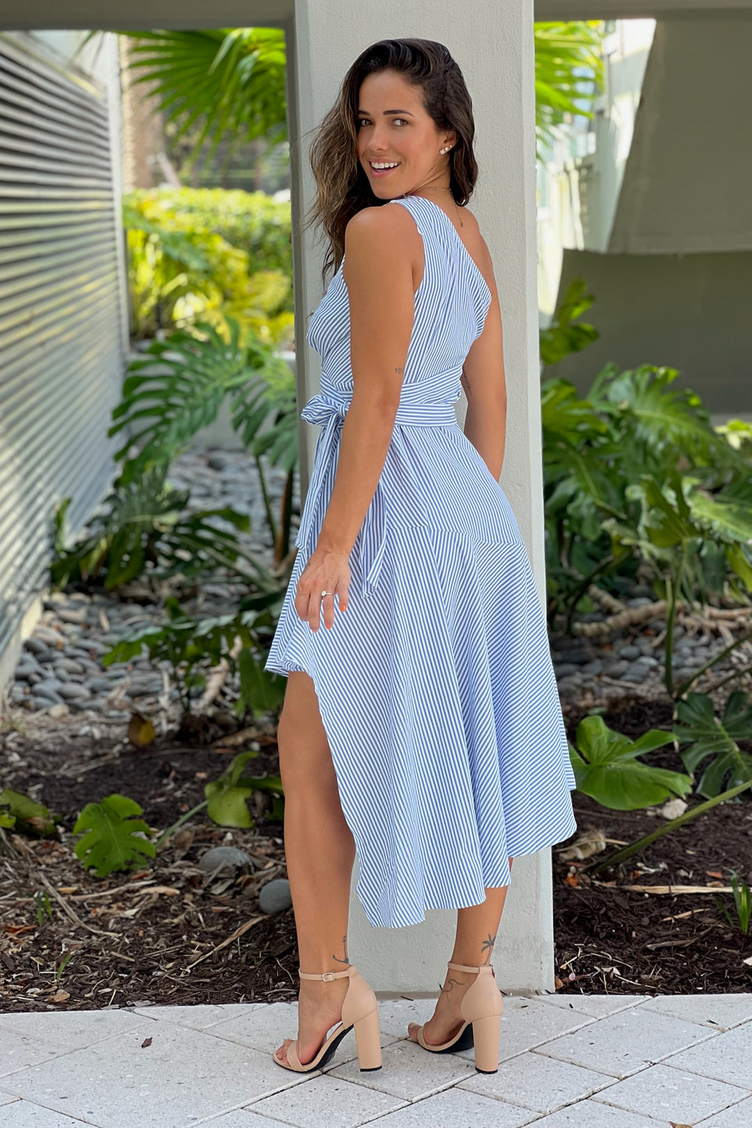 blue dress for baby girl Blue Striped One Shoulder Dress