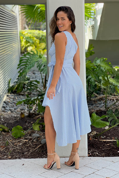 blue striped asymmetrical dress