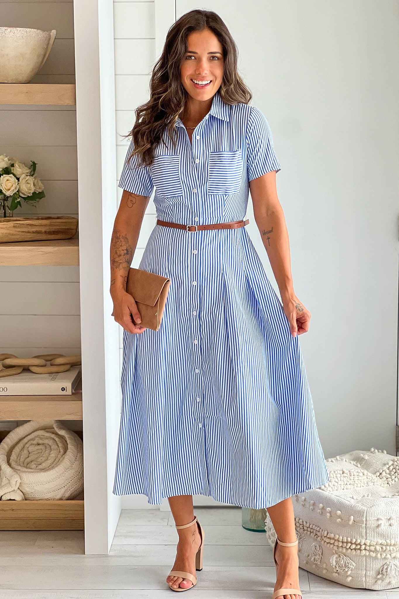 blue striped button down dress with belt