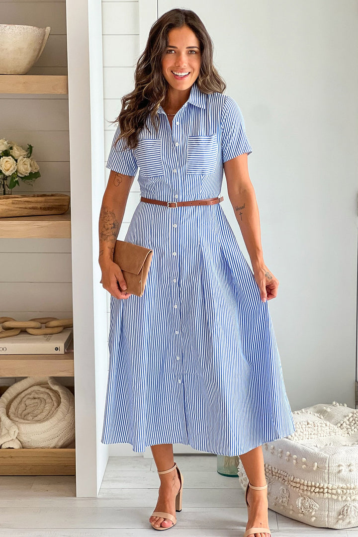 Blue Striped Button Down Dress With Belt | Cute Dresses Saved by the Dress Blue Striped Button Down Dress With Belt | Cute Dresses Saved by the Dress