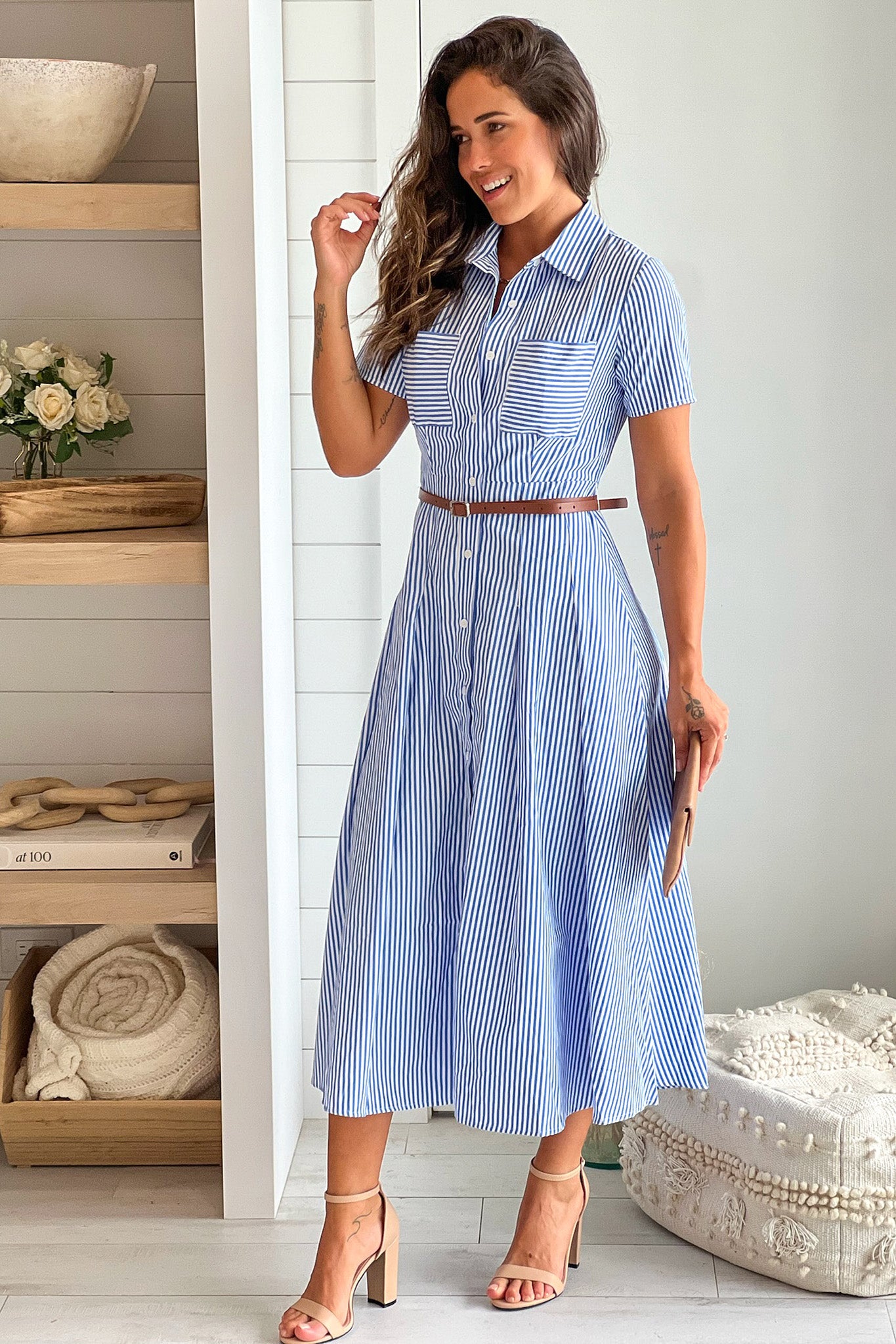 blue striped button down dress with pockets