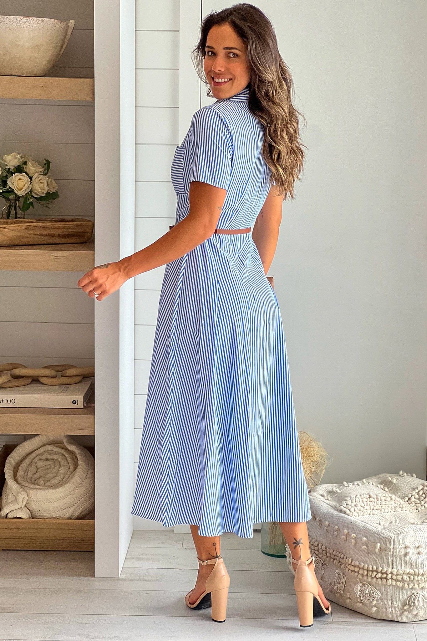 blue striped button down dress 