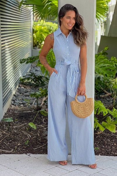 blue striped button down jumpsuit