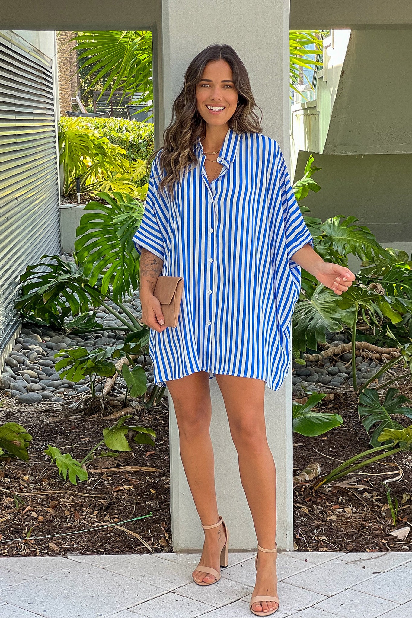 blue striped button down shirt dress with 3/4 sleeves