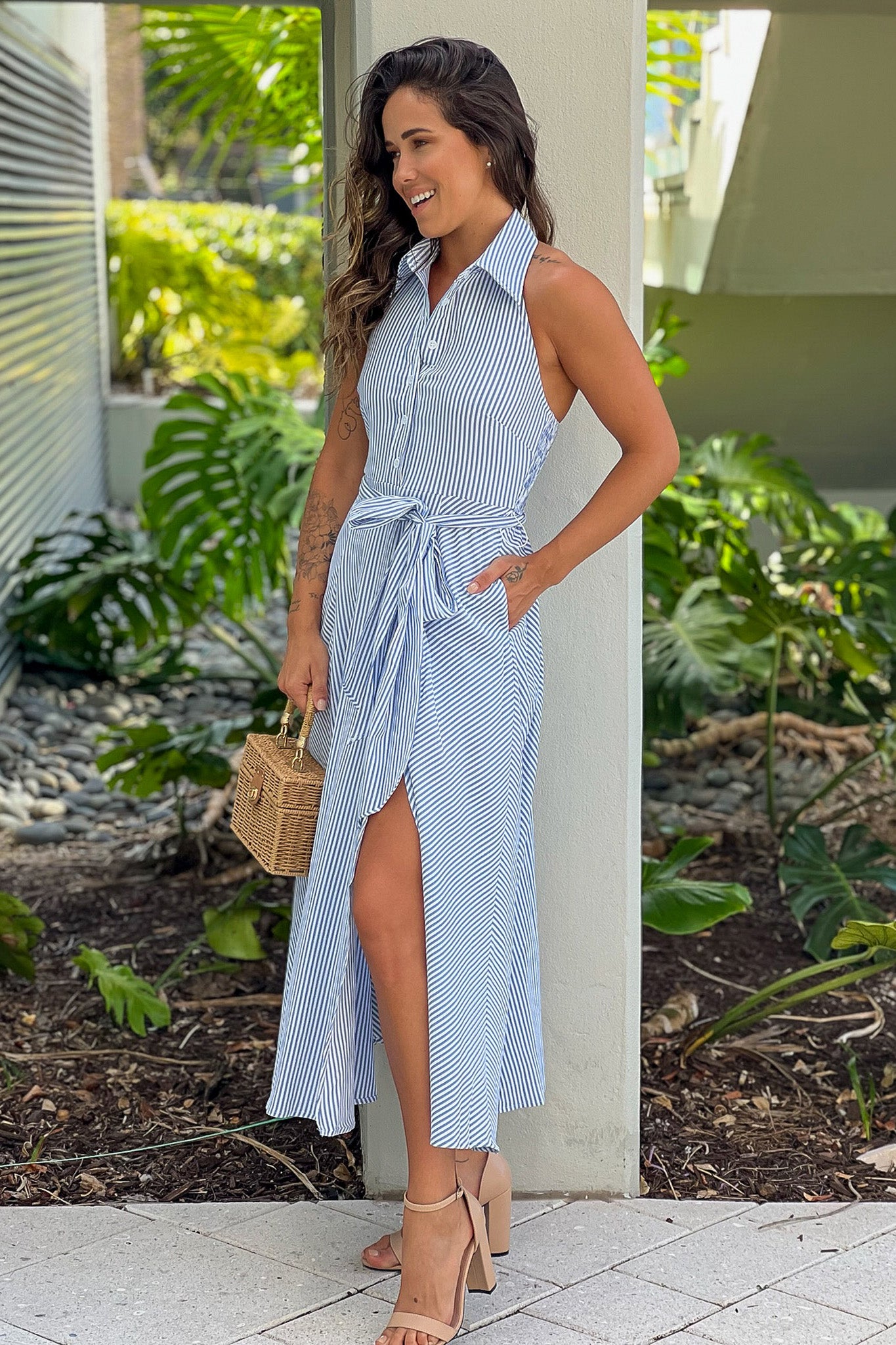 blue and white striped dress with pockets Umgee Striped Maxi Dress Royal Blue RESTOCK