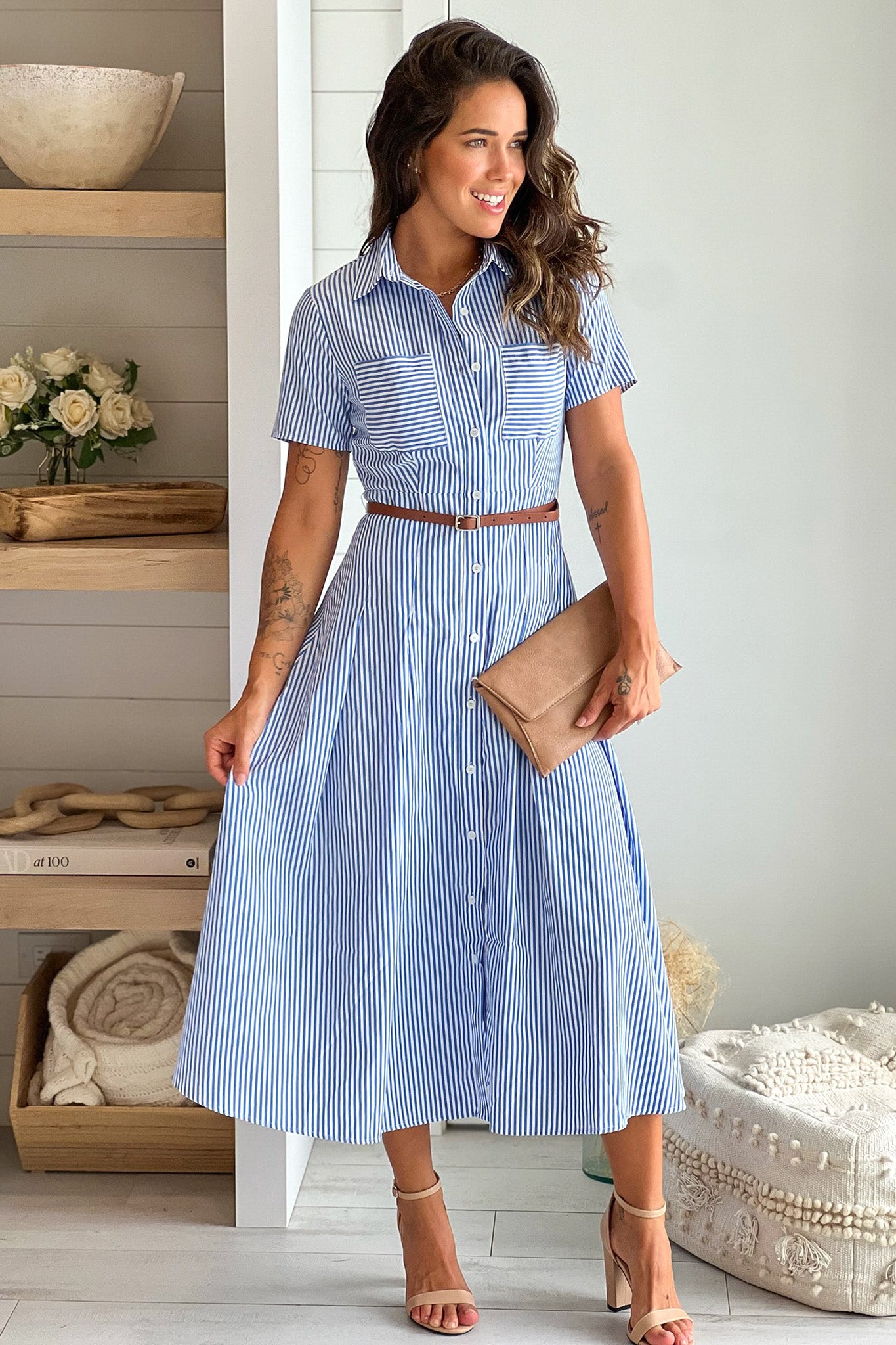 Blue Striped Button Down Dress With Belt