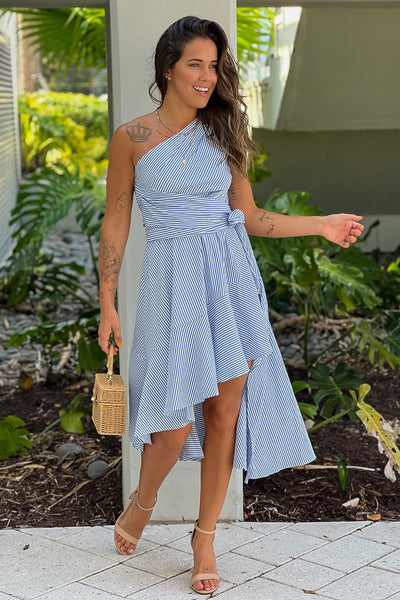 blue striped high low dress