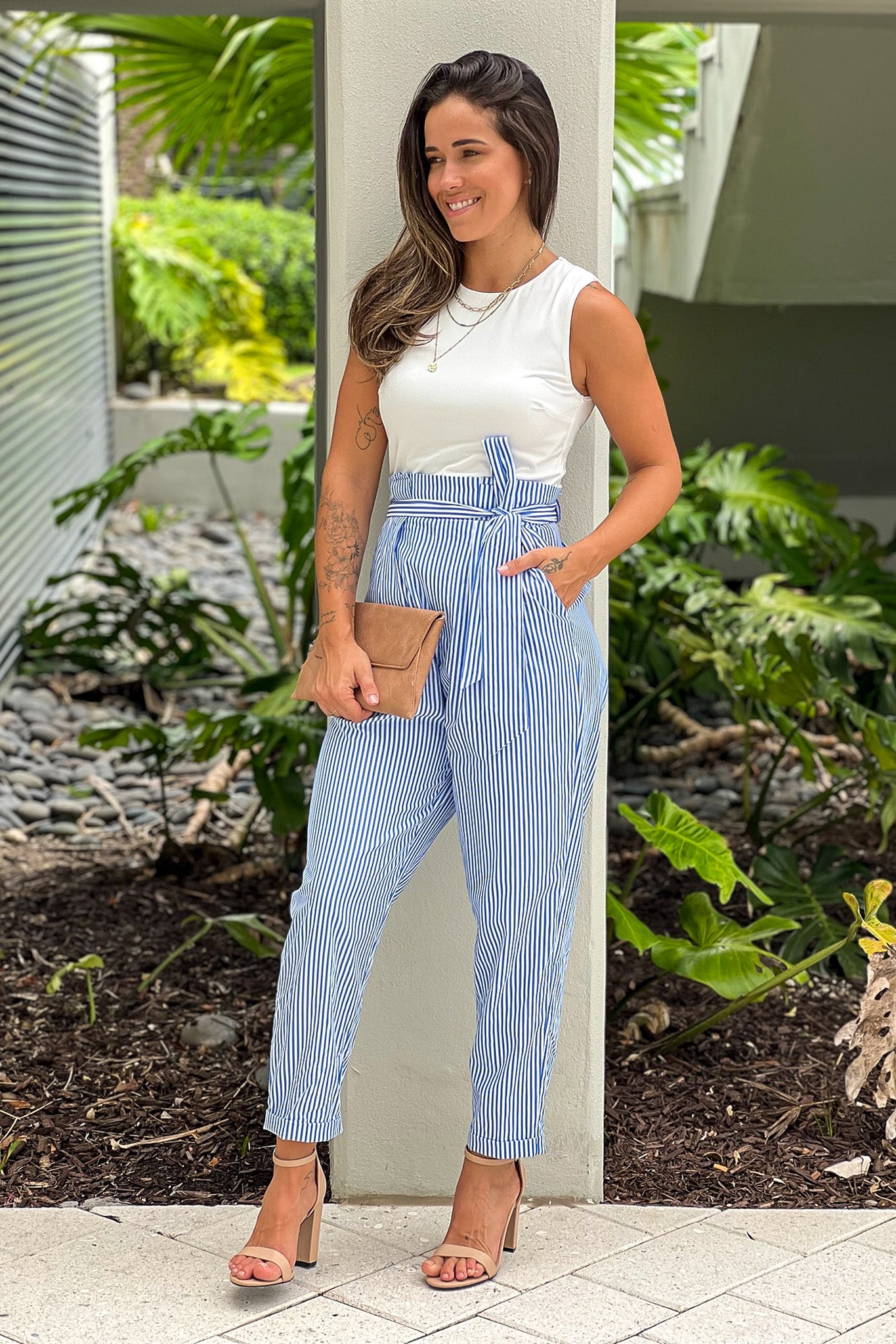 blue striped jumpsuit with pockets