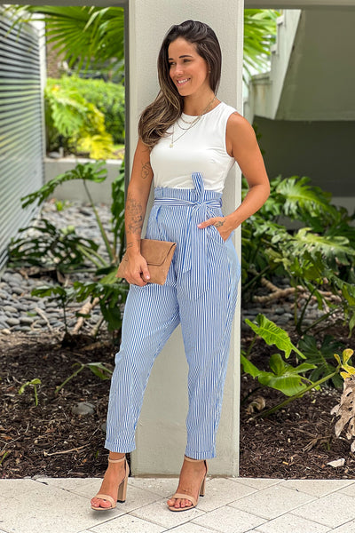 blue striped jumpsuit with pockets