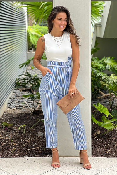 blue striped jumpsuit with tie belt