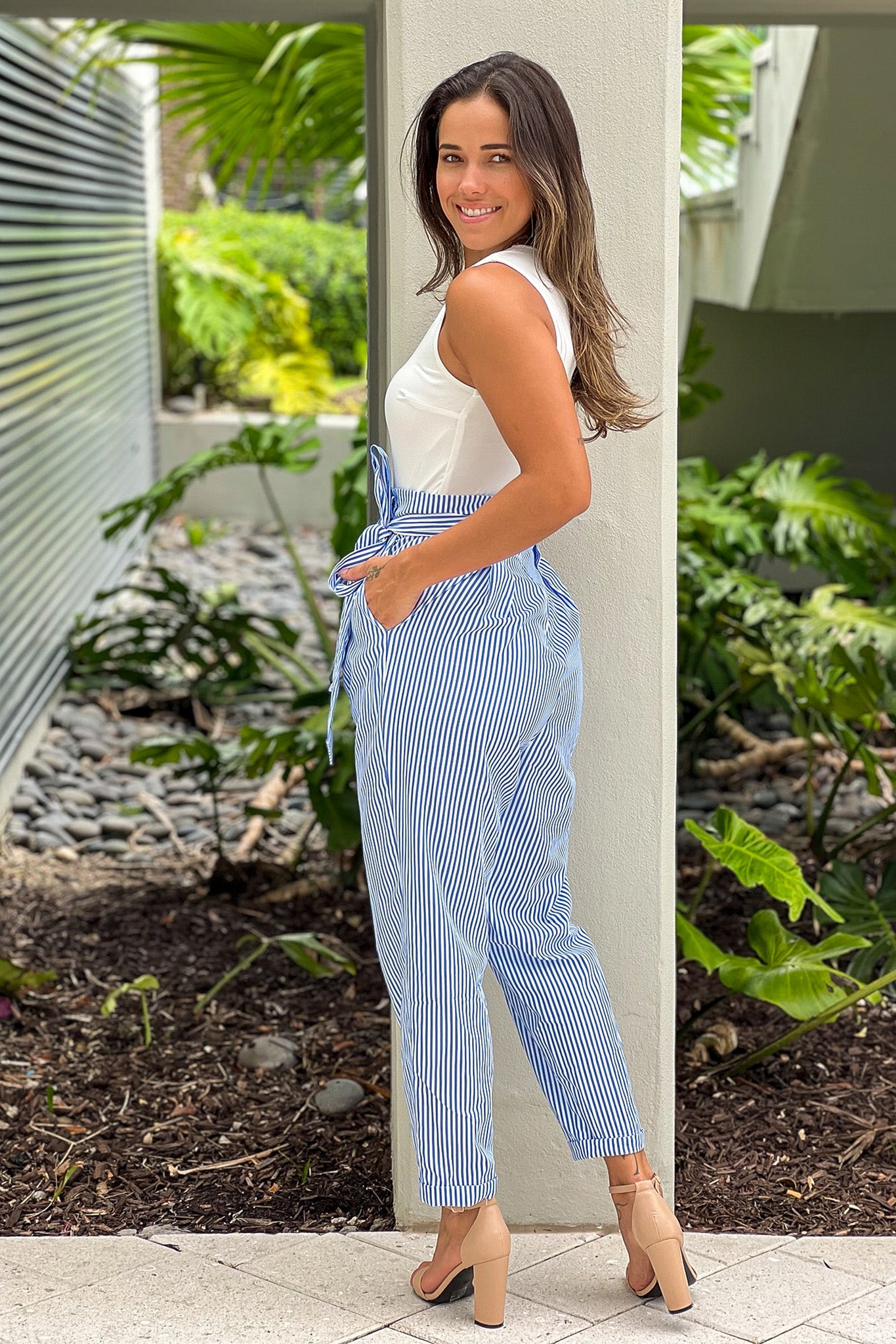 blue striped jumpsuit