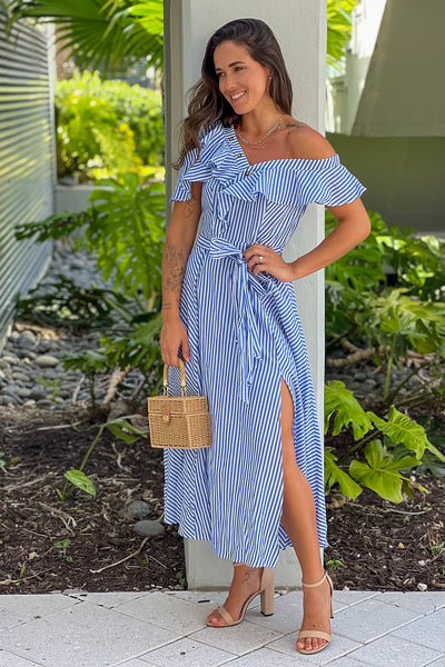 blue striped midi dress with slit