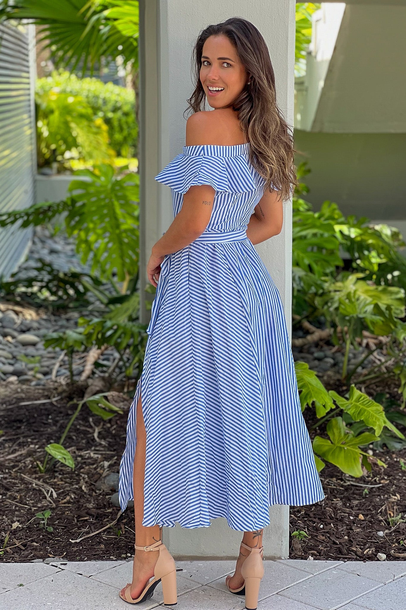 blue striped off shoulder midi dress 