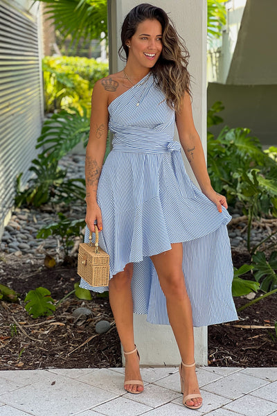 blue striped one shoulder dress