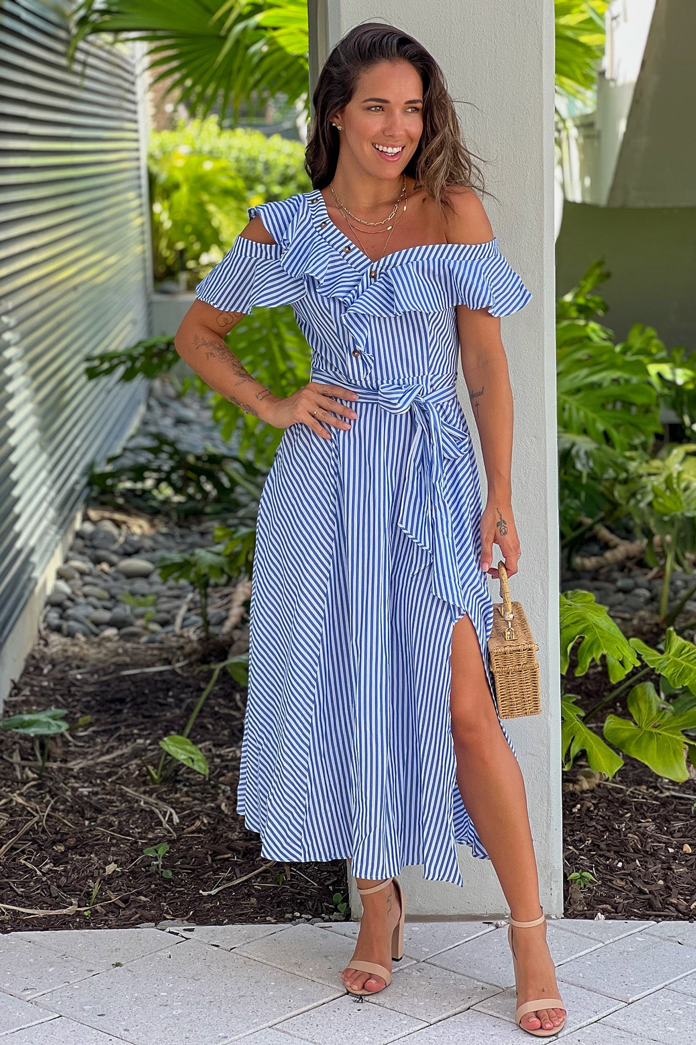 blue striped ruffled midi dress with slit