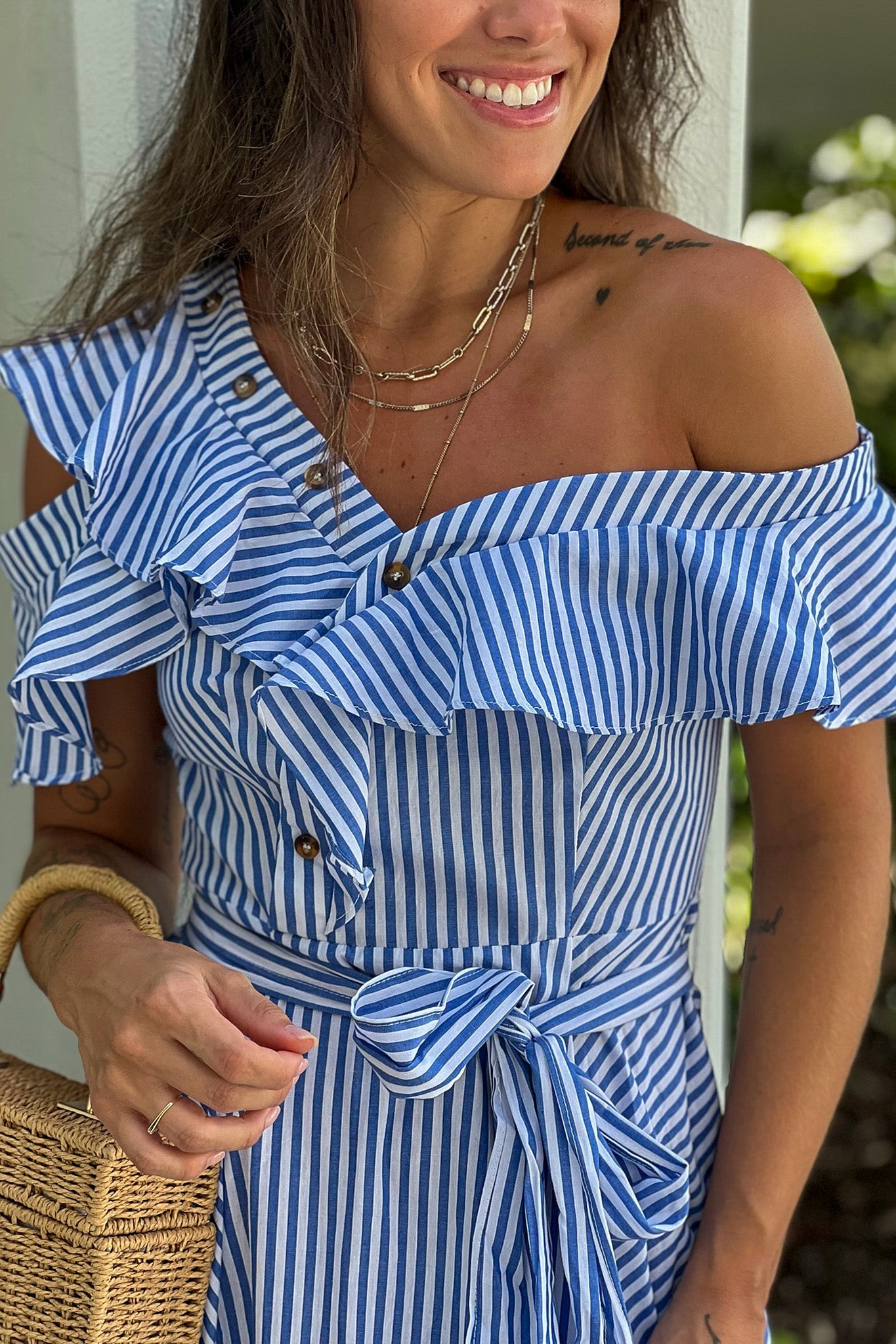 blue striped ruffled off shoulder midi dress