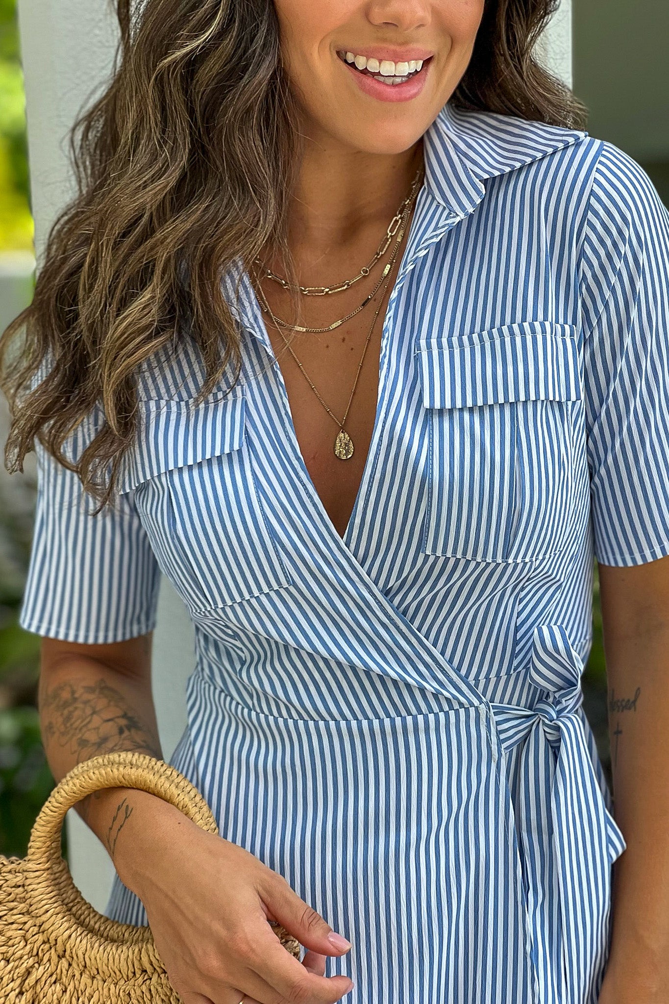 blue striped wrap dress