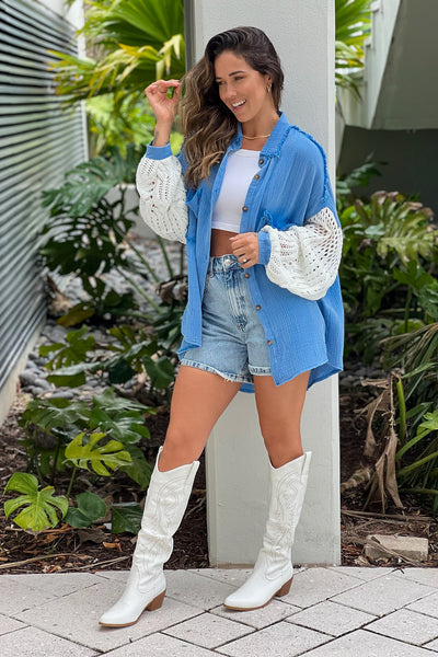 blue top with crochet sleeves