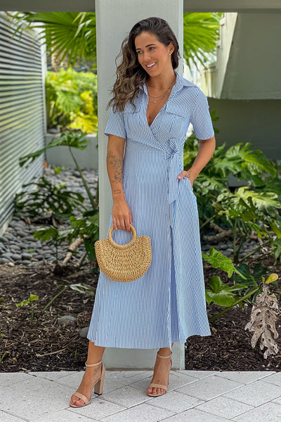 blue wrap dress with pockets