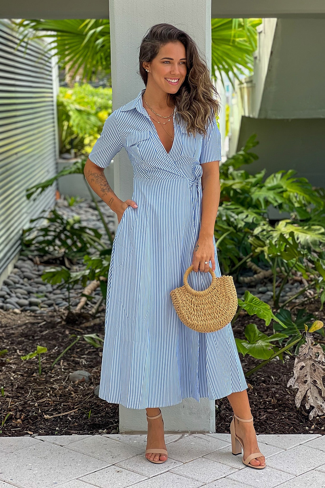 blue wrap dress